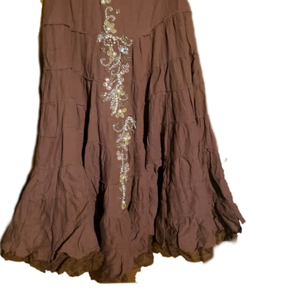 TWENTY ONE unique hippie style long skirt,  intricate beading detail, brown siz…